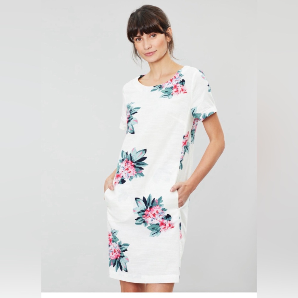 Joules Floral Shift Dress Cotton Linen Blend White Pink Green US 4 UK 8